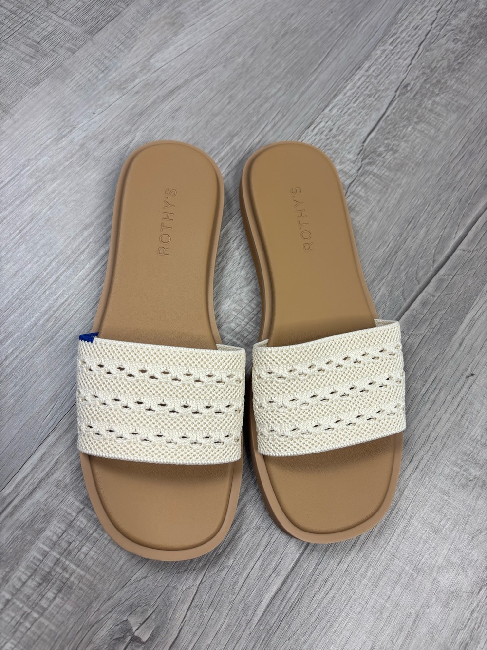 Rothy's Cream Crochet Strap Tan Footbed Slide Sandals - Picture 2 of 6